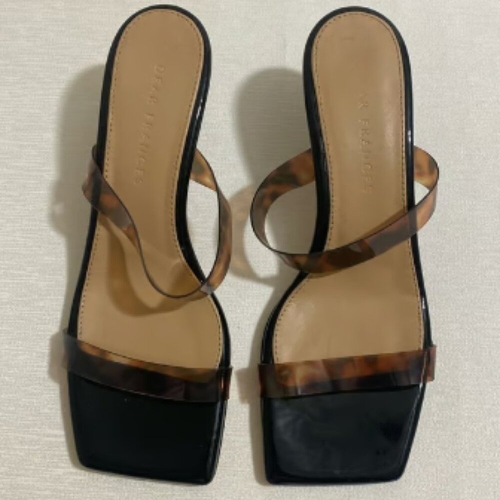 NWOB DEAR FRANCES Patent Leather Rain Sandals w Tortoise Twin Straps Size 37
